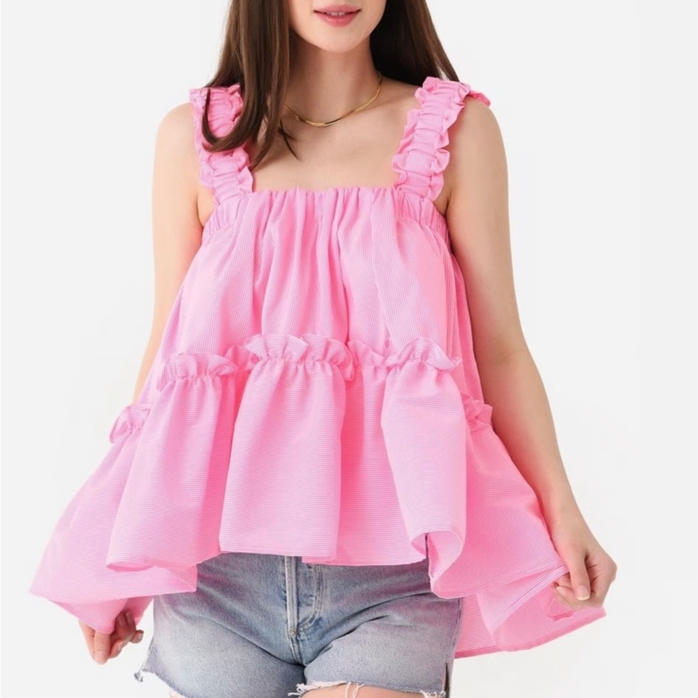 Brøgger Olive Top Pink Stripe XS Ruffle Tiered Babydoll Blouse‎ NEW $410